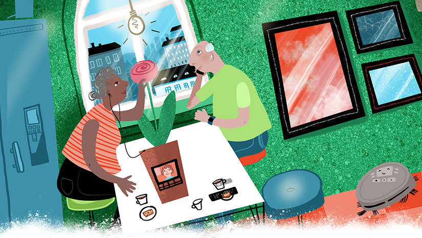 En illustration av ett äldre par som fikar och använder vardagsteknik.