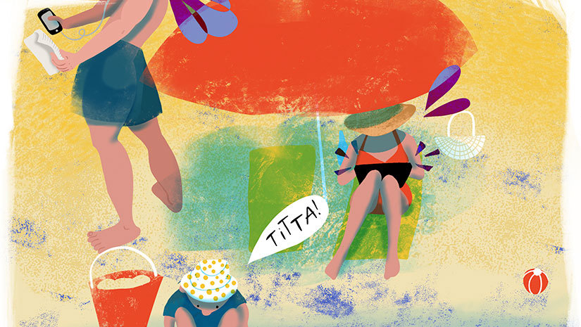 En illustration av en jobbande person på stranden.