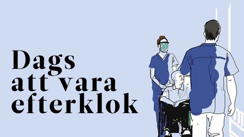 Illustration person i rullstol och två vårdgivare 