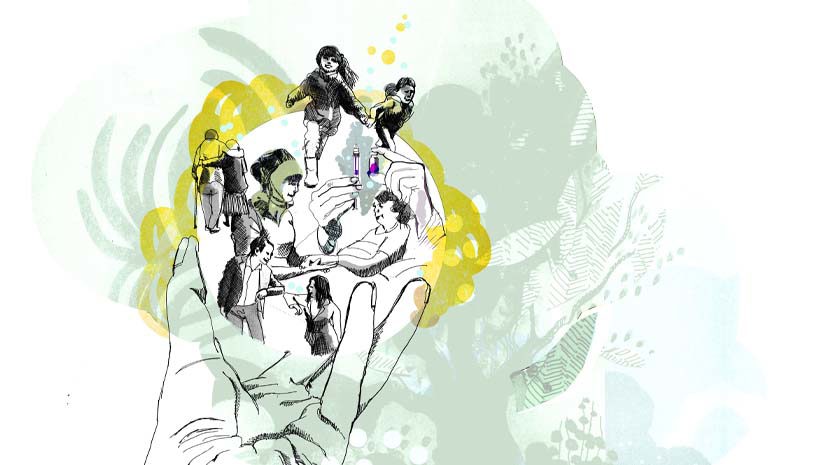 En illustrerad spåkula med potentiella scenarier.