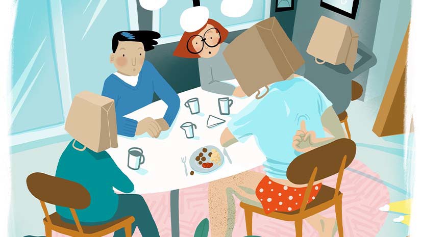 Illustration av ett fysiskt möte sär några deltagare har papperspåsar på huvudet.