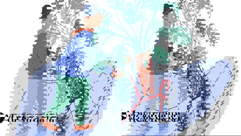 Äldre med rollator. Illustration: Helena Lunding Hultqvist