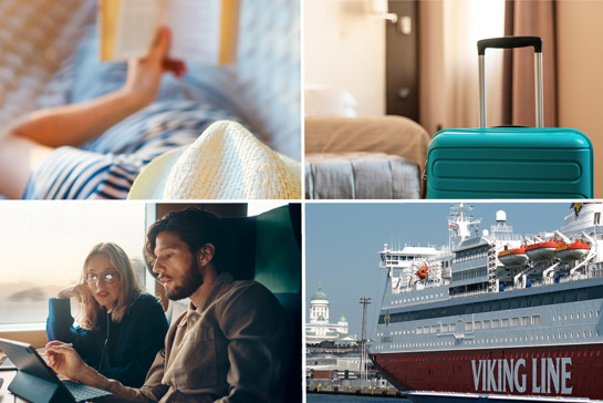 Ett kollage med bilder på en person som läser i en hängmatta, en resväska i ett hotellrum, personer som åker tåg och ett Viking Line-fartyg